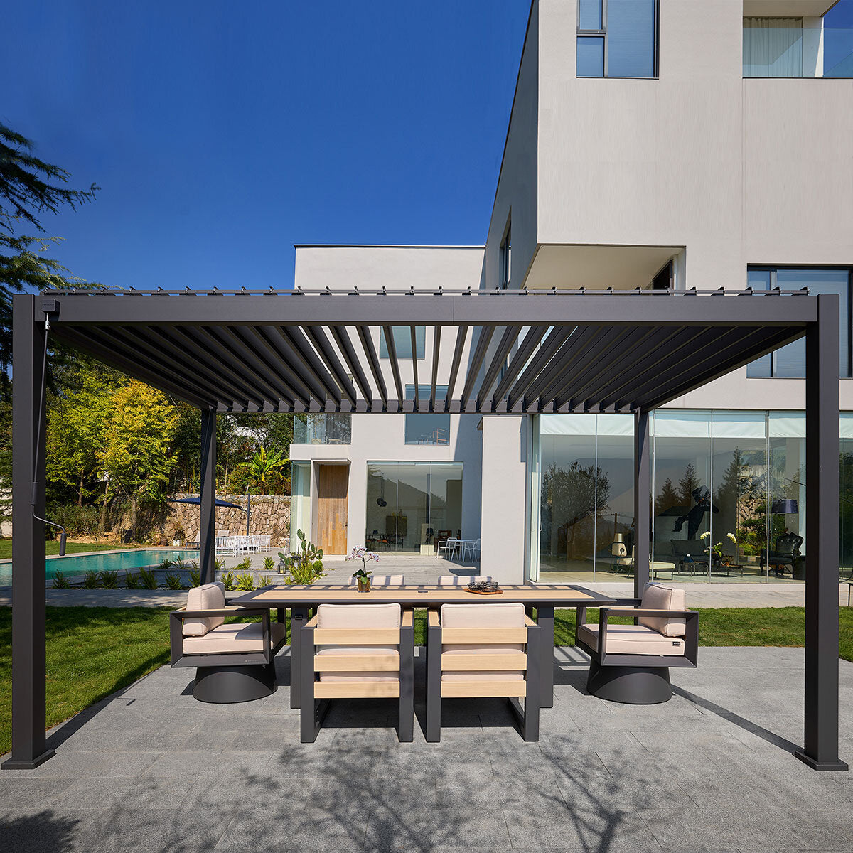 Mirador Louvered Aluminium Pergola Anthracite Adjustable Louvres 2.7m x 4.4m