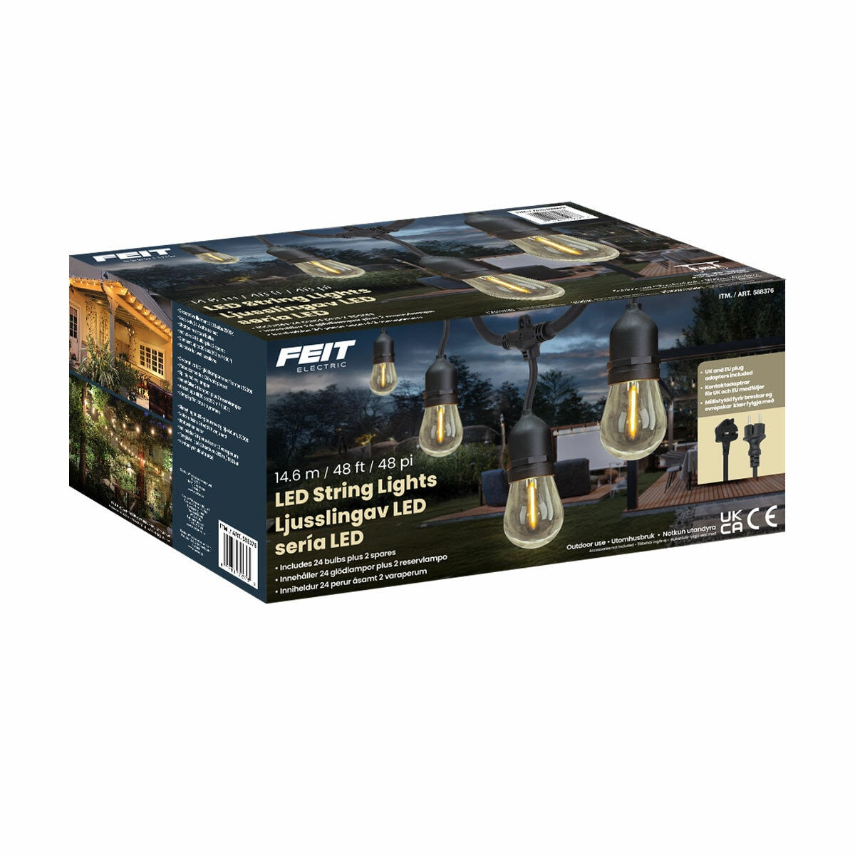 Feit 48ft LED Outdoor String Lights 24 Bulb IP44 Weatherproof Garden Black