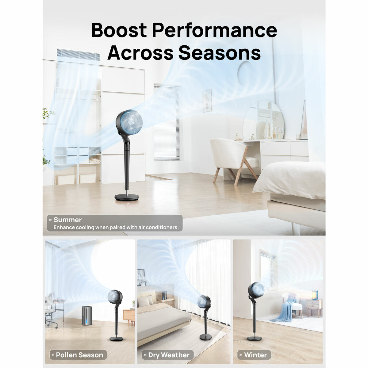 Dreo TurboPoly 350S Smart Pedestal Fan 3D Oscillation 9 Speed Grey DR-HPF020S"