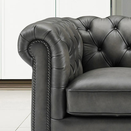 Prospera Home Allington 3 Seater Grey Leather Chesterfield Sofa 226cm Coil